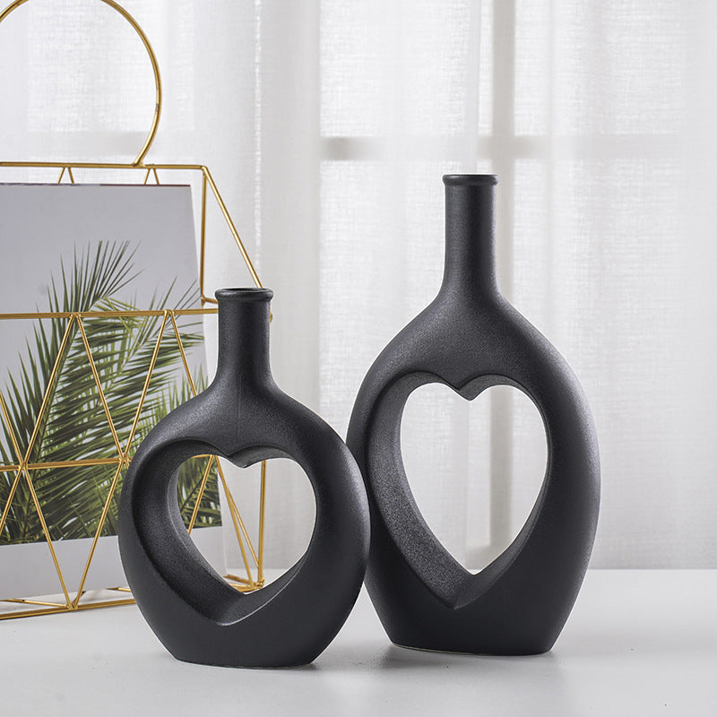 Nordic Hollow Heart Ceramic Vase – Modern Minimalist Home Art