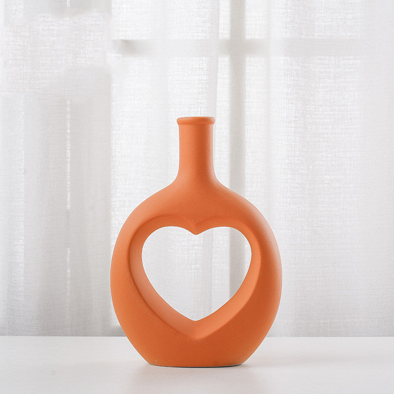 Nordic Hollow Heart Ceramic Vase – Modern Minimalist Home Art