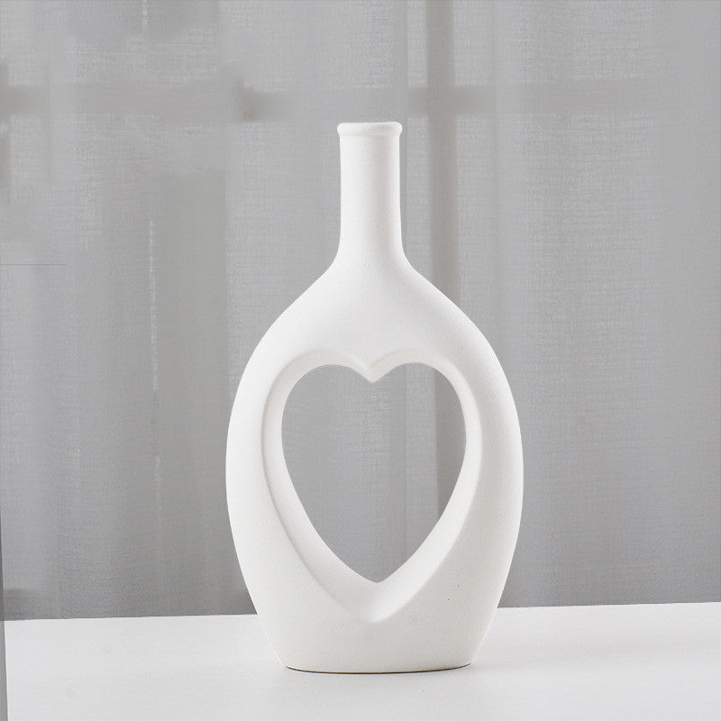 Nordic Hollow Heart Ceramic Vase – Modern Minimalist Home Art