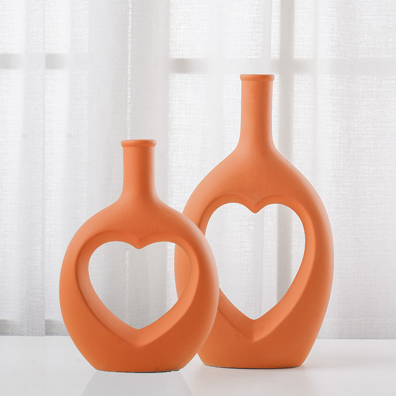 Nordic Hollow Heart Ceramic Vase – Modern Minimalist Home Art